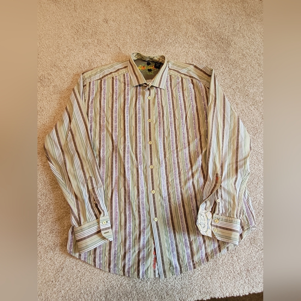 Robert Graham Size 2XL Purple And Green Striped Pattern Dress Shirt
